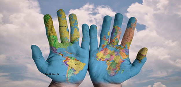 world map painted on hands
